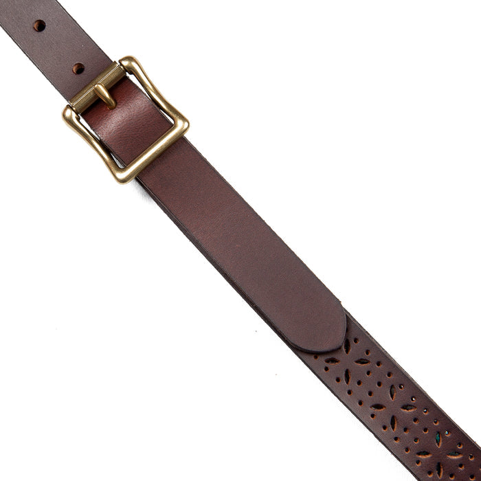 Perforated Pattern Leather Belt-Brown-3